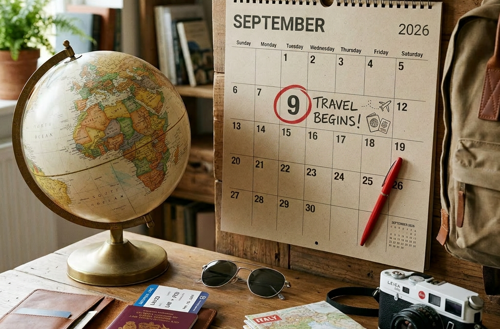 Calendar showing May 15, 2024 marked with Travel Begins note and travel essentials on table
